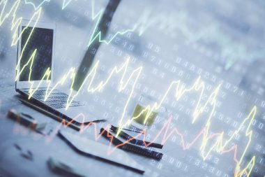 Bilgisayar geçmişi olan eski grafik hologramı. Çoklu maruz kalma. Finans piyasası kavramı.