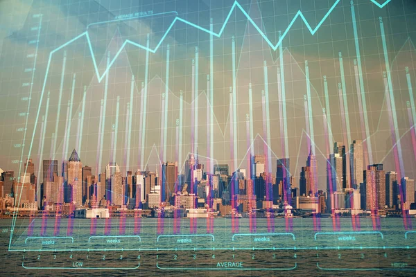 Forex chart on cityscape with skyscrapers wallpaper double exposure. Financial research concept. — Stock Photo, Image