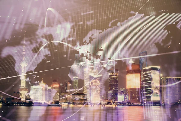 Financial graph on night city scape with tall buildings background double exposure. Analysis concept.