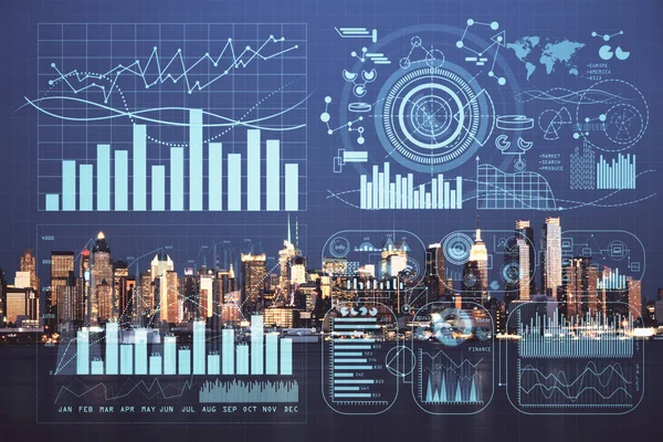 Gráfico financeiro sobre paisagem da cidade noturna com edifícios altos de fundo exposição dupla. Conceito de análise . — Fotografia de Stock