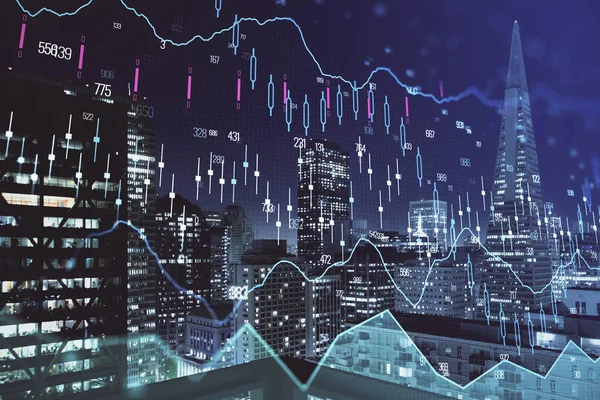 Gráfico financeiro sobre paisagem da cidade noite com edifícios altos fundo multi exposição. Conceito de análise . — Fotografia de Stock