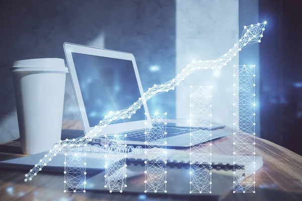 주식 시장 도표는 개 인용 컴퓨터 배경에서 얻은 홀로그램이다. 다양 한 노출. 투자에 대한 개념. — 스톡 사진
