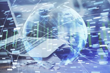 İş teması simgelerinin çoklu pozlandırılması ve bilgisayar geçmişi olan çalışma alanı. Başarı kavramı.