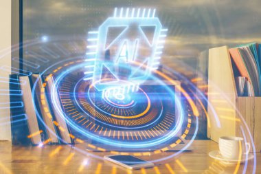 Bilgisayar ve teknoloji temalı çizimlere çifte maruz kalma. Yenilik kavramı.