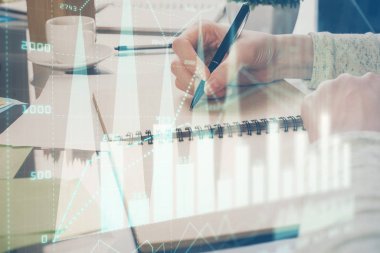 Forex grafik hologram el notları arka plan alarak. Analiz kavramı. Çift Pozlama