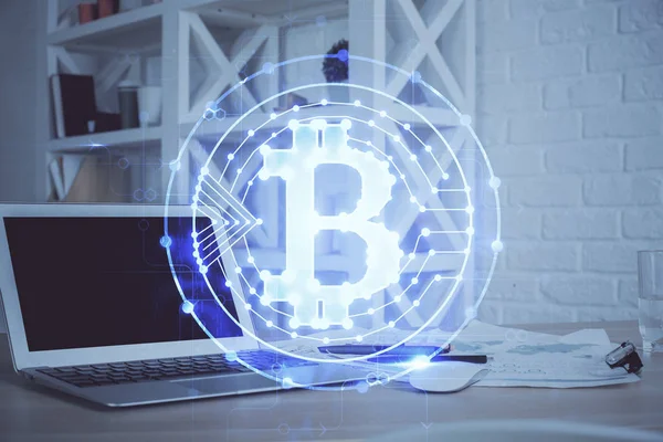 Double exposure of blockchain theme hologram and table with computer background. Concept of bitcoin crypto currency. — Stock Photo, Image