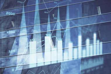 Yüksek binaların arka planında çoklu pozlama olan eski şehir haritası. Finansal araştırma kavramı.