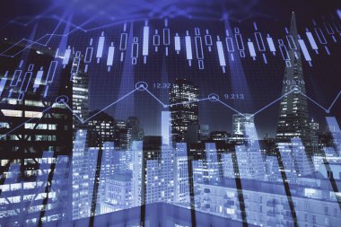 Yüksek binalar arka plan çok pozlama ile gece şehir scape mali grafik. Analiz kavramı.