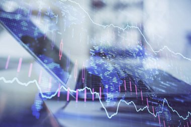 Bilgisayar geçmişi olan eski grafik hologramı. Çifte maruziyet. Finans piyasası kavramı.