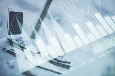 Bilgisayar geçmişi olan eski grafik hologramı. Çoklu maruz kalma. Finans piyasası kavramı.