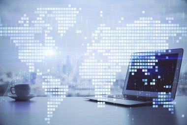 İş teması simgelerinin çoklu pozlandırılması ve bilgisayar geçmişi olan çalışma alanı. Başarı kavramı.