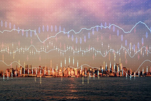 Gráfico de divisas en paisaje urbano con rascacielos fondo de pantalla doble exposición. Concepto de investigación financiera . —  Fotos de Stock