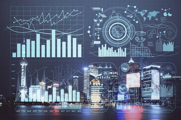 Gráfico financeiro sobre paisagem da cidade noturna com edifícios altos de fundo exposição dupla. Conceito de análise . — Fotografia de Stock