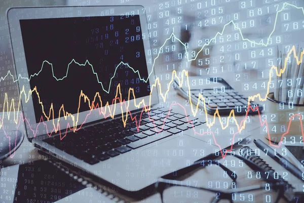 Stock market graph and table with computer background. Double exposure. Concept of financial analysis. — Stock Photo, Image