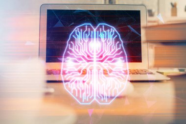 Bilgisayar ve beyin hologramıyla iki kat maruz kalmışlar. Veri yeniliği kavramı.