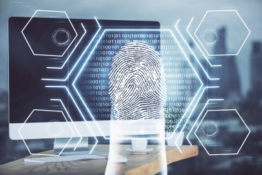 Ofisteki bilgisayarın parmak izi çizimi. Çifte maruziyet. İş veri güvenliği kavramı.