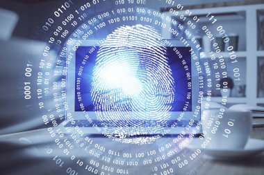 Ofisteki bilgisayarın parmak izi çizimi. Çifte maruziyet. İş veri güvenliği kavramı.