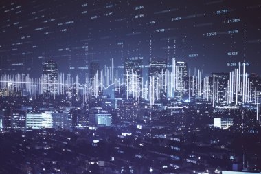 Yüksek binalar arka plan çok pozlama ile gece şehir scape mali grafik. Analiz kavramı.