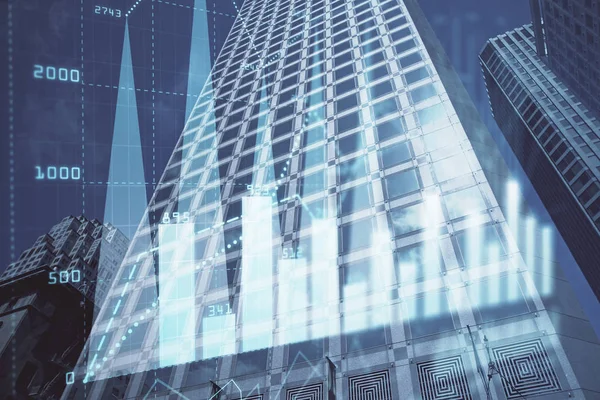 График Forex на фоне городов с высокими зданиями. Концепция финансовых исследований . — стоковое фото