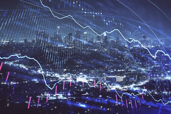 Gráfico financeiro sobre paisagem da cidade noite com edifícios altos fundo multi exposição. Conceito de análise . — Fotografia de Stock