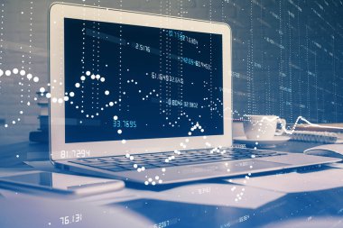 Bilgisayarın arka plan ve teknoloji temalı çizimlerine çoklu maruz kalma. Yenilik kavramı.