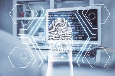 Ofisteki bilgisayarın parmak izi çizimi. Çifte maruziyet. İş veri güvenliği kavramı.