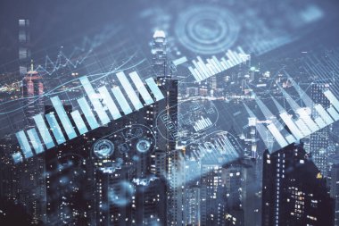 Cityscape arka plan üzerinde forex grafik çizimleri çift pozlama. Başarı kavramı.