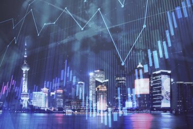 Yüksek binalar arka plan çift pozlama ile gece şehir scape mali grafik. Analiz kavramı.