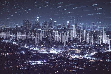 Yüksek binalar arka plan çok pozlama ile gece şehir scape mali grafik. Analiz kavramı.