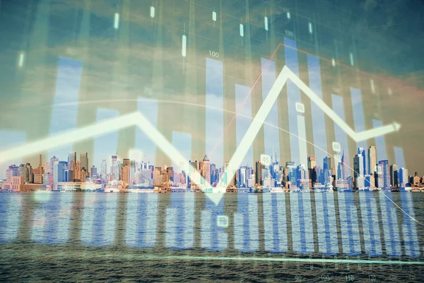 График Форекс на вид на город с небоскребами фоновой двойной экспозиции. Концепция финансового анализа. — стоковое фото