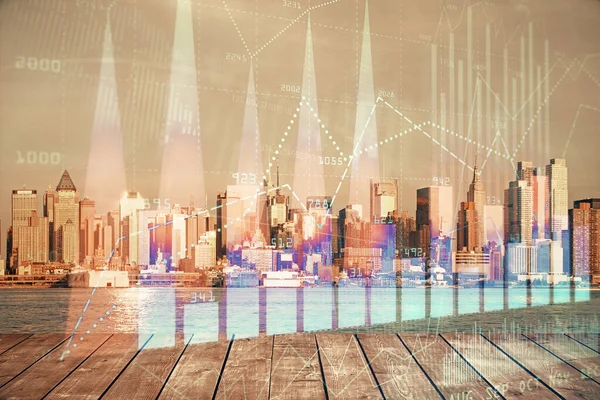 Forex-Graph auf Stadtansicht mit Wolkenkratzern Hintergrund Multi-Exposure. Finanzanalysekonzept. — Stockfoto