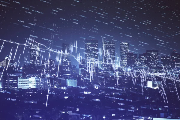 Gráfico financiero sobre paisaje nocturno de la ciudad con edificios altos de fondo multi exposición. Concepto de análisis . — Foto de Stock