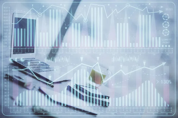 Stock market graph and table with computer background. Multi exposure. Concept of financial analysis. — Stock Photo, Image