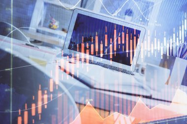 Eski pazar grafiği hologramı ve kişisel bilgisayar geçmişi. Çoklu maruz kalma. Yatırım kavramı.