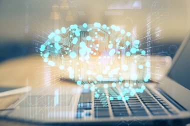 Bilgisayar ve beyin hologramıyla iki kat maruz kalmışlar. Veri yeniliği kavramı.