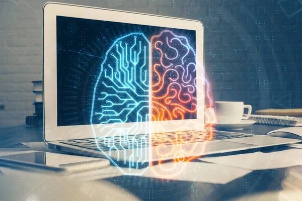 Doble exposición de la mesa de trabajo con el holograma de la computadora y del cerebro. Concepto de lluvia de ideas . —  Fotos de Stock