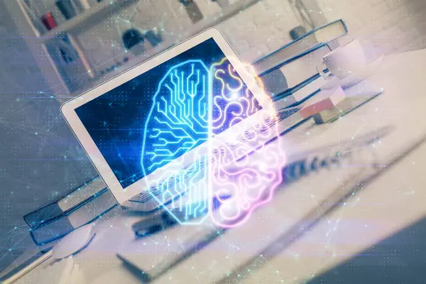 Double exposure of work table with computer and brain sketch hologram. Brainstorming concept. — Stock Photo, Image