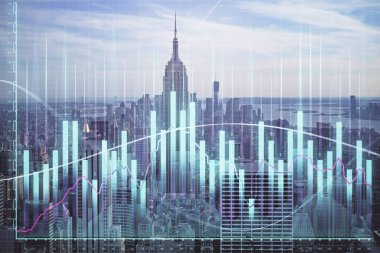Gökdelenler arka planda çift pozlama ile şehir görünümünde eski grafik. Mali analiz kavramı.