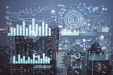 Cityscape arka plan üzerinde forex grafik çizimleri çift pozlama. Başarı kavramı.