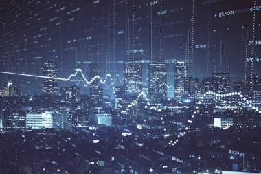 Yüksek binalar arka plan çok pozlama ile gece şehir scape mali grafik. Analiz kavramı.