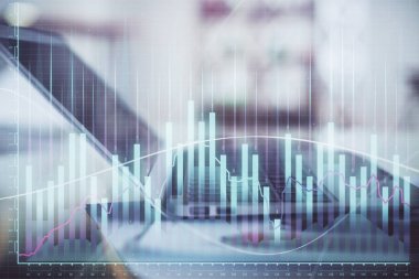 Bilgisayar geçmişi olan eski grafik hologramı. Çifte maruziyet. Finans piyasası kavramı.