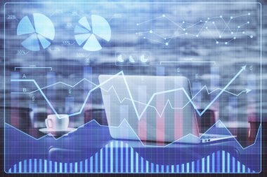 Finansal grafik renkli çizimler ve arka planda bilgisayar olan tablolar. Çifte maruziyet. Uluslararası pazarlar kavramı.