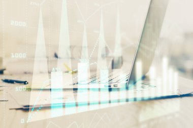 Bilgisayar geçmişi olan eski grafik hologramı. Çoklu maruz kalma. Finans piyasası kavramı.