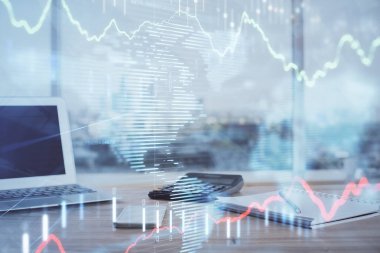 Bilgisayar geçmişi olan eski grafik hologramı. Çoklu maruz kalma. Finans piyasası kavramı.