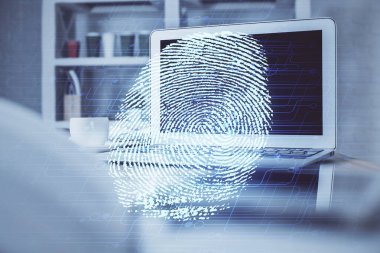 Ofisteki bilgisayarın parmak izi çizimi. Çifte maruziyet. İş veri güvenliği kavramı.