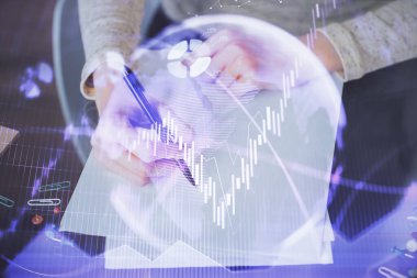 Not defteri 'nde el notu almak. Ön Forex grafik hologramlar. Araştırma kavramı. Çoklu pozlama