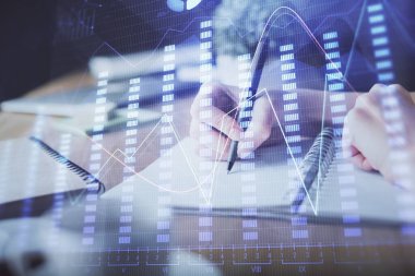 Finansal Forex grafiği el notları arka plan alarak çizilmiş. Araştırma kavramı. Çoklu pozlama