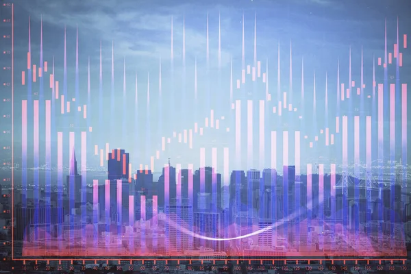 Gráfico Forex en vista de la ciudad con rascacielos fondo multi exposición. Concepto de análisis financiero . —  Fotos de Stock