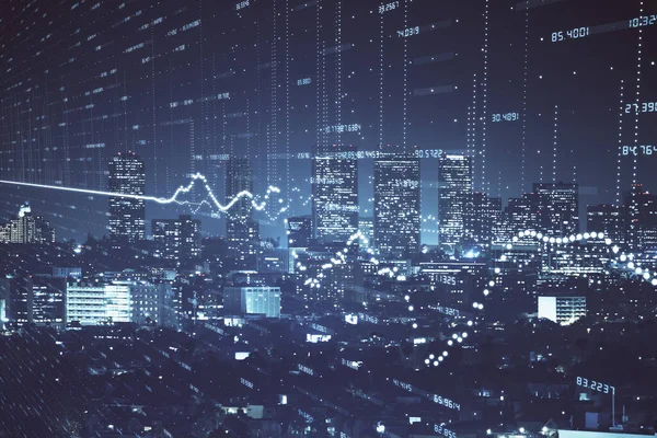 高層ビルの背景マルチ露出と夜の都市景観上の金融グラフ。分析の概念. — ストック写真