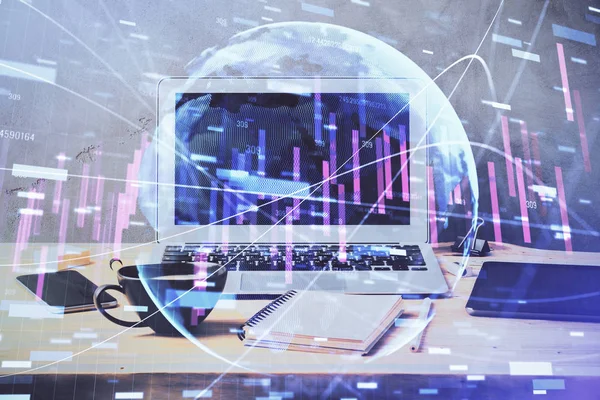 Multi eksponering af diagram og finansiel info og arbejdsplads med computer baggrund. Begrebet international online handel. - Stock-foto